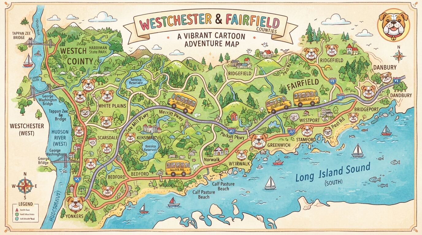 Cartoon map of Westchester and Fairfield counties with bulldog buses on the roads