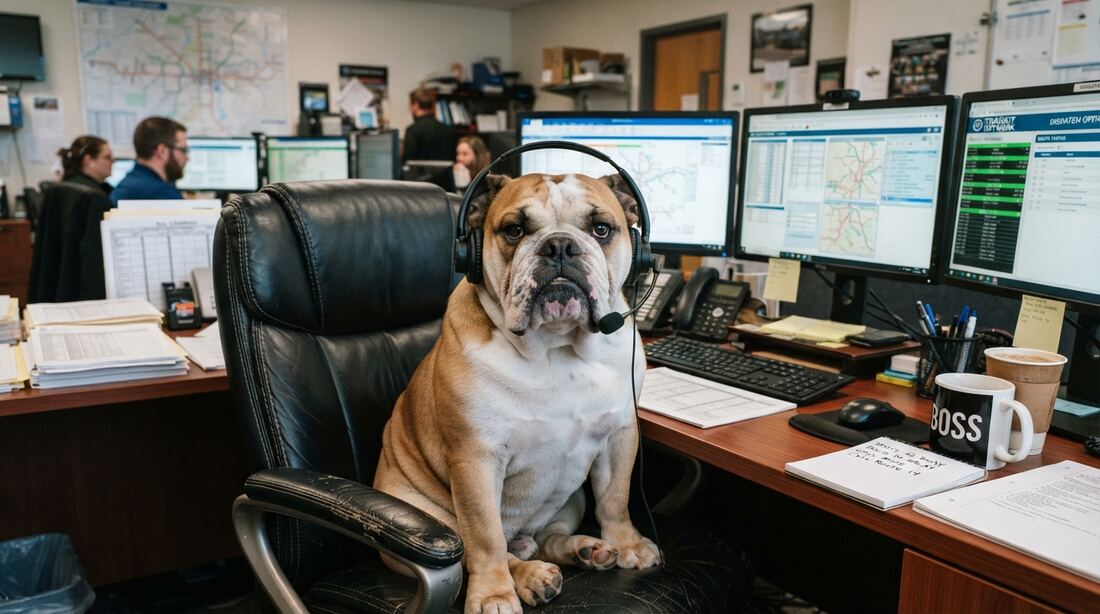 A bulldog wearing a headset sitting in the dispatch office chair