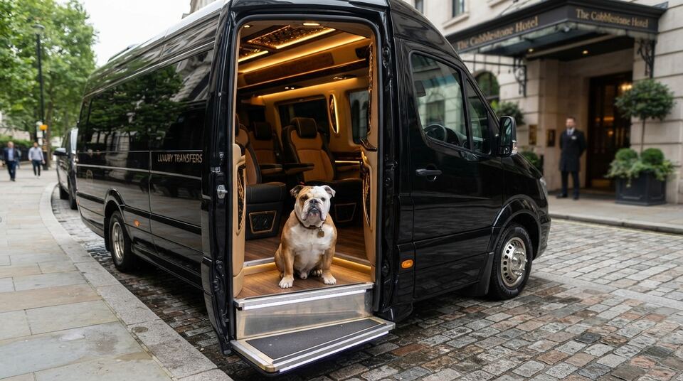 A bulldog sitting on the step of a black luxury mini bus like a doorman