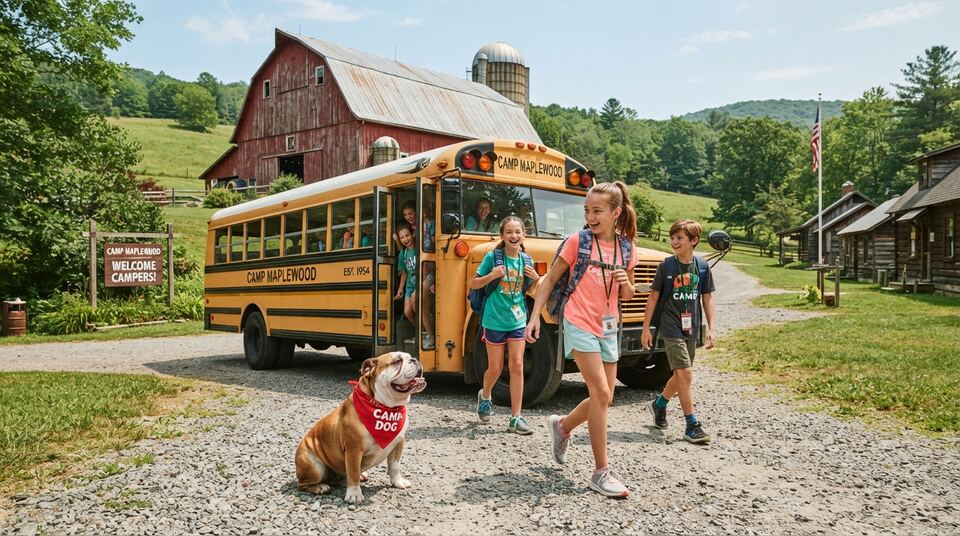 Campers stepping off a yellow bus at a farm camp while a bulldog in a bandana waits